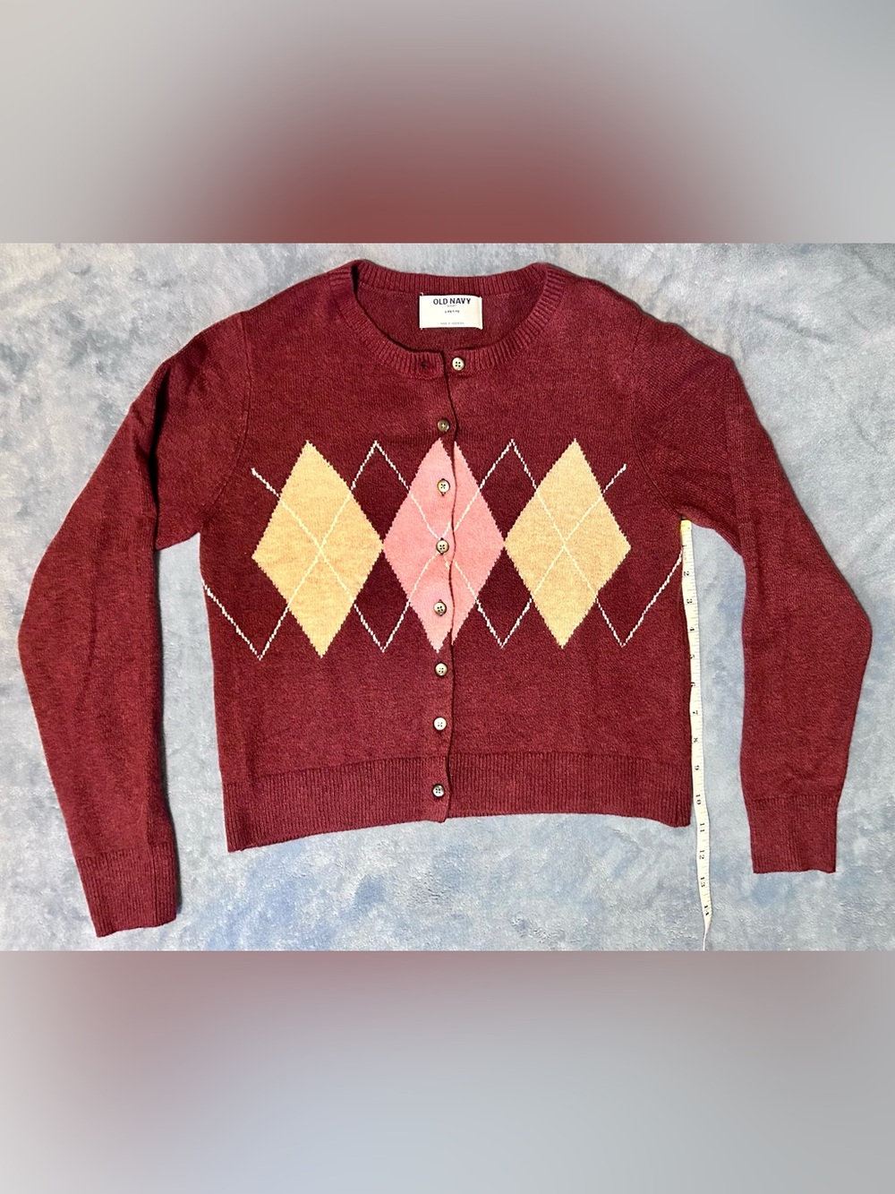 Old Navy Women's Burgundy Argyle Button Cardigan Sweater